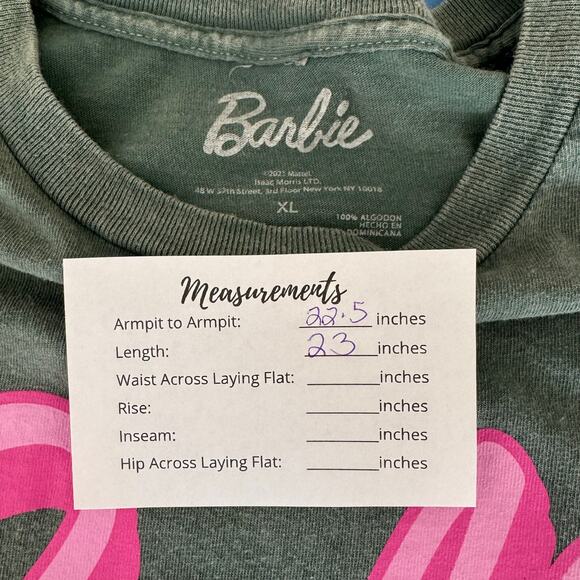Barbie Wms XL Greenish Gray Crop SS Tee Shirt Pink Car Graphic Lettering Boxy - Picture 7 of 7
